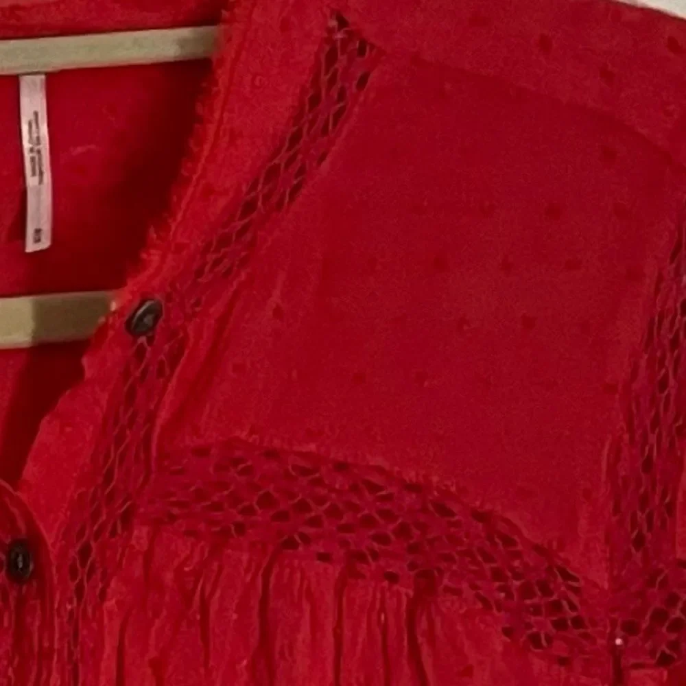 Free People Red Swiss Dot Embroidered Crotchet Trim Blouse Size Medium